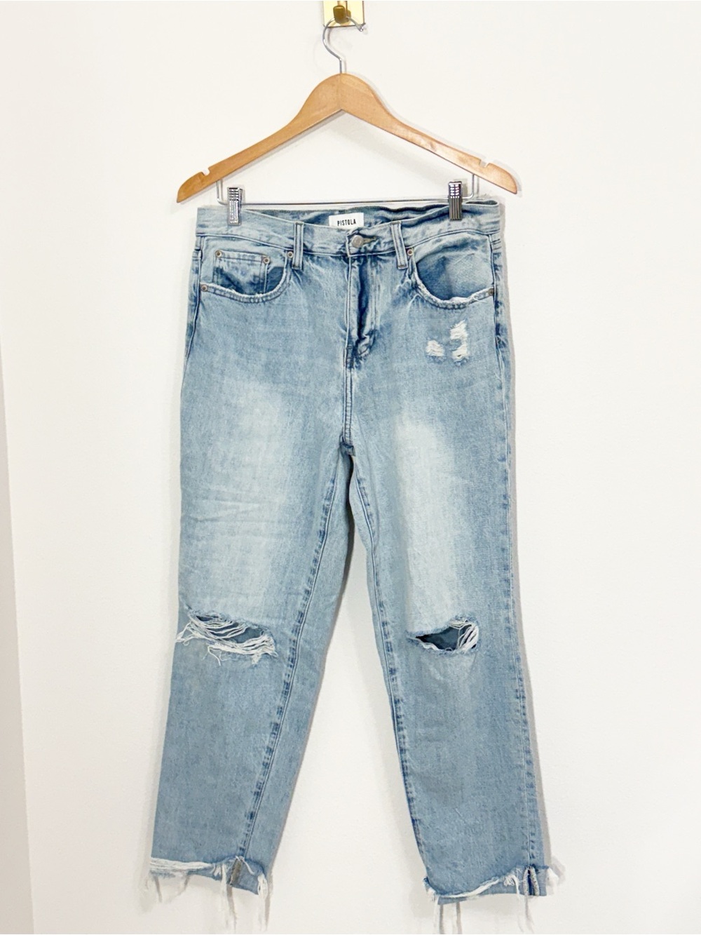 Pistola light-wash distressed high-rise straight-leg jeans, Relaxed, Size 29
